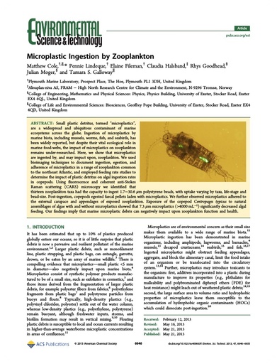 Cole, M., P. Lindeque, E. Fileman, C. Halsband, R. Goodhead, J. Moger and T. S. Galloway (2013). Microplastic ingestion by zooplankton. Environ Sci Technol, 47(12): 6646-6655