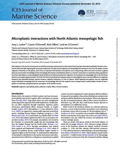 Lusher, A. L., C. O'Donnell, R. Officer and I. O'Connor (2016). Microplastic interactions with North Atlantic mesopelagic fish. ICES Journal of Marine Science: Journal du Conseil, 73(4): 1214-1225