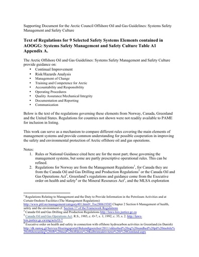 Background document - System Safety Management and Culture: Text of Regulations for 9 Selected Safety Systems Elements contained in Table A1 Appendix A