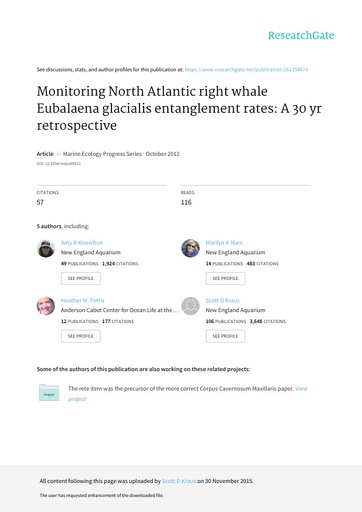 Knowlton et al. (2012). Monitoring North Atlantic right whale Eubalaena glacialis entanglement rates: A 30 year retrospective