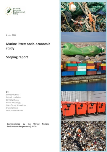 Watkins, E., P. ten Brink, S. Withana, K. Mutafoglu, J.-P. Schweitzer, D. Russi and M. Kettunen (2015). Marine litter: socio-economic study. Institute for European Environmental Policy UNEP. Scoping report No. . London, Brussels: 26.