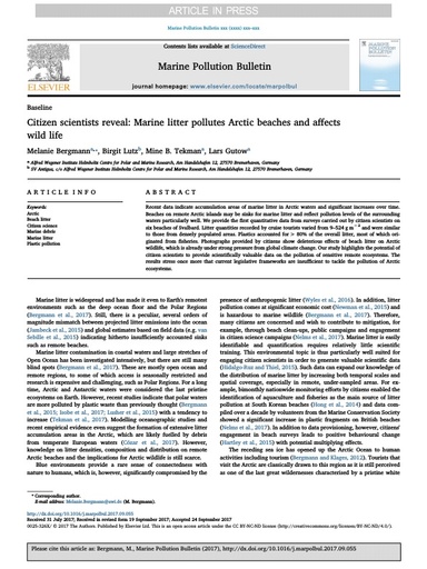 Bergmann, M., B. Lutz, M. B. Tekman and L. Gutow (2017a). Citizen scientists reveal: Marine litter pollutes Arctic beaches and affects wild life. Mar Pollut Bull, 125(1-2): 535-540