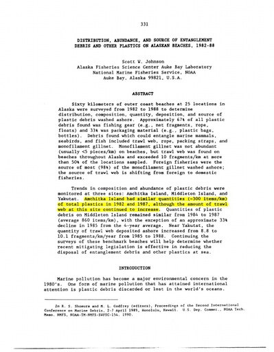 Johnson, S. W. (1990). Distribution, abundance, and source of entanglement debris and other plastics on Alaskan beaches, 1982-88. The Second International Conference on Marine Debris, Honolulu.