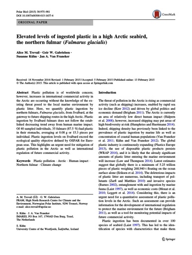 Trevail, A. M., et al. (2015). "Elevated levels of ingested plastic in a high Arctic seabird, the northern fulmar (Fulmarus glacialis)." Polar Biology 38(7): 975-981.