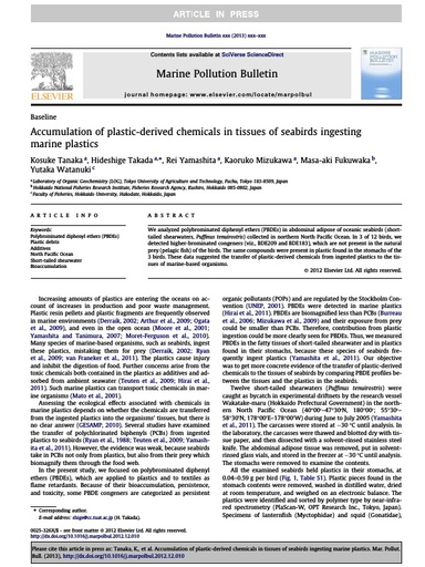 Tanaka, K., H. Takada, R. Yamashita, K. Mizukawa, M. A. Fukuwaka and Y. Watanuki (2013). Accumulation of plastic-derived chemicals in tissues of seabirds ingesting marine plastics. Mar Pollut Bull, 69(1-2): 219-222