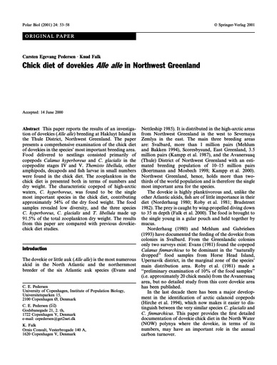 Pedersen et al. (2001). Chick Diet of Dovekies (Alle alle) in Northwest Greenland