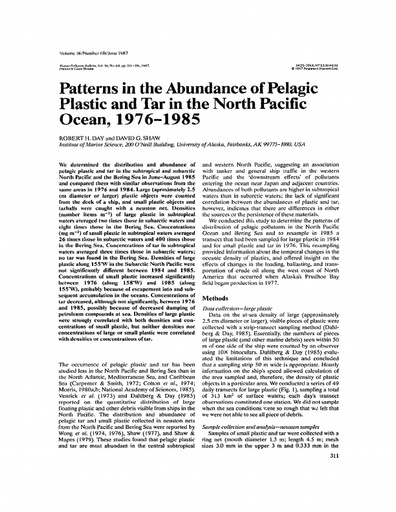 Day, R. H. and D. G. Shaw (1987). "Patterns in the abundance of pelagic plastic and tar in the North Pacific Ocean, 1976–1985." Marine Pollution Bulletin 18(6): 311-316.