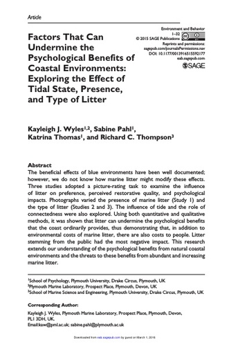 Wyles, K. J., S. Pahl, K. Thomas and R. C. Thompson (2016). Factors That Can Undermine the Psychological Benefits of Coastal Environments: Exploring the Effect of Tidal State, Presence, and Type of Litter. Environ Behav, 48(9): 1095-1126
