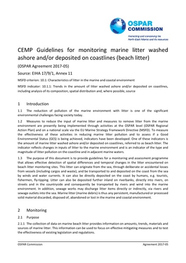 OSPAR (2017a). CEMP Guidelines for monitoring marine litter washed ashore and/or deposited on coastlines (beach litter) (OSPAR Agreement 2017-05): OSPAR Commission.