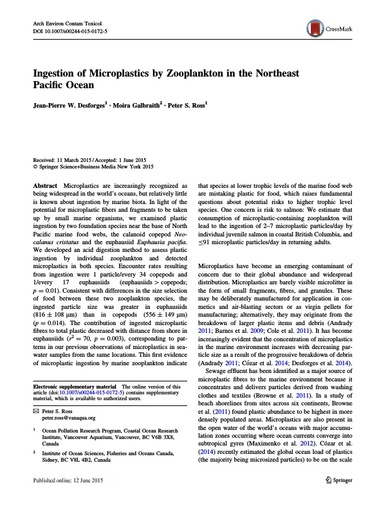 Desforges, J. P., M. Galbraith and P. S. Ross (2015). Ingestion of Microplastics by Zooplankton in the Northeast Pacific Ocean. Arch Environ Contam Toxicol, 69(3): 320-330