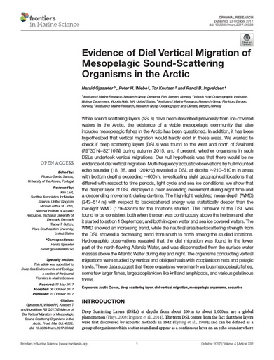 Gjøsæter, H., P. H. Wiebe, T. Knutsen and R. B. Ingvaldsen (2017). Evidence of Diel Vertical Migration of Mesopelagic Sound-Scattering Organisms in the Arctic. Frontiers in Marine Science, 4