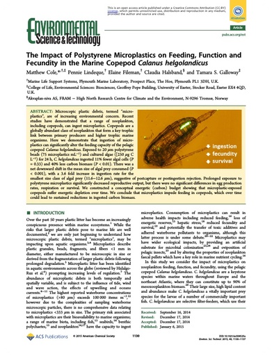 Cole, M., P. Lindeque, E. Fileman, C. Halsband and T. S. Galloway (2015). The impact of polystyrene microplastics on feeding, function and fecundity in the marine copepod Calanus helgolandicus. Environ Sci Technol, 49(2): 1130-1137