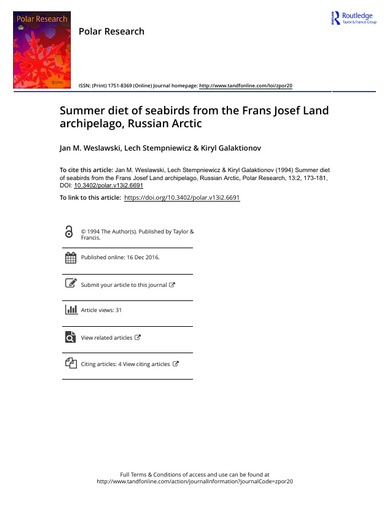 Weslawski et al. (1994). Summer diet of seabirds from the Frans Josef Land archipelago, Russian Arctic