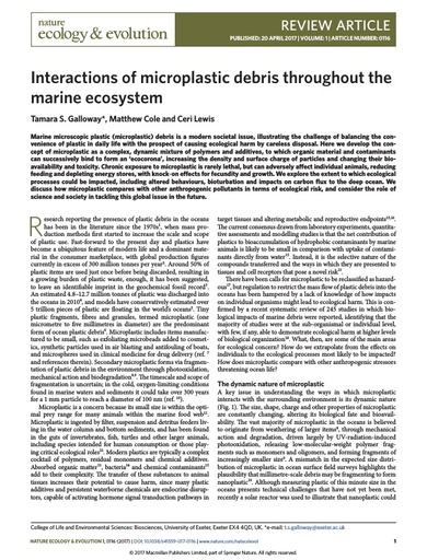 Galloway, T. S., M. Cole and C. Lewis (2017). Interactions of microplastic debris throughout the marine ecosystem. Nat Ecol Evol, 1(5): 116