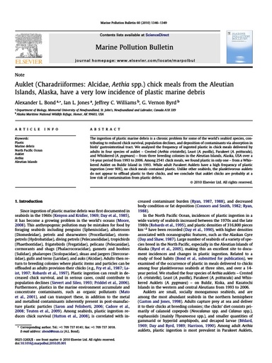 Bond, A. L., et al. (2010). "Auklet (Charadriiformes: Alcidae, Aethia spp.) chick meals from the Aleutian Islands, Alaska, have a very low incidence of plastic marine debris." Marine Pollution Bulletin 60(8): 1346-1349.