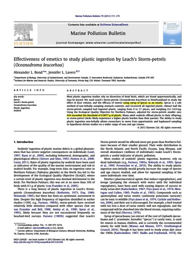 Bond et al. (2013). Effectiveness of emetics to study plastic ingestion by Leach’s Storm-petrels (Oceanodroma leucorhoa)