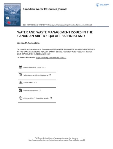 Samuelson, G. M. (1998). Water and Waste Management Issues in the Canadian Arctic: Iqaluit, Baffin Island. Canadian Water Resources Journal, 23(4): 327-338