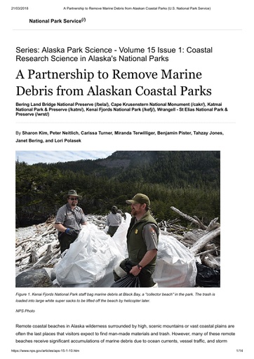 Kim et al. (2015). A Partnership to Remove Marine Debris from Alaskan Coastal Parks. Series: Alaska Park Science - Volume 15 Issue 1: Coastal Research Science in Alaska's National Parks
