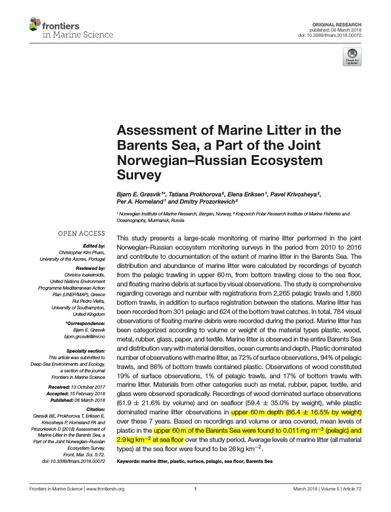 røsvik, B. E., T. Prokhorova, E. Eriksen, P. Krivosheya, P. A. Horneland and D. Prozorkevich (2018). Assessment of Marine Litter in the Barents Sea, a Part of the Joint Norwegian–Russian Ecosystem Survey. Frontiers in Marine Science, 5